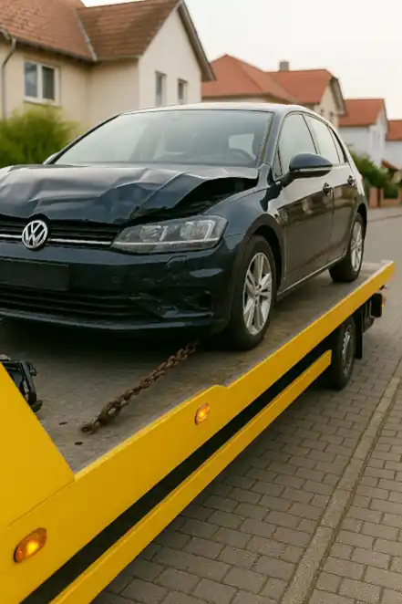 Ein defektes Auto wird abgeschleppt, um den nächsten Schritt im Autoankauf-Prozess in Uelzen zu ermöglichen.